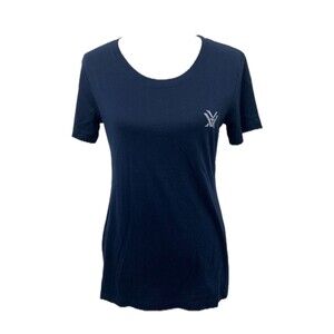 Vortex Women's Shirt Blue and White Big Logo Short Sleeve Scoop Neck Size Large
